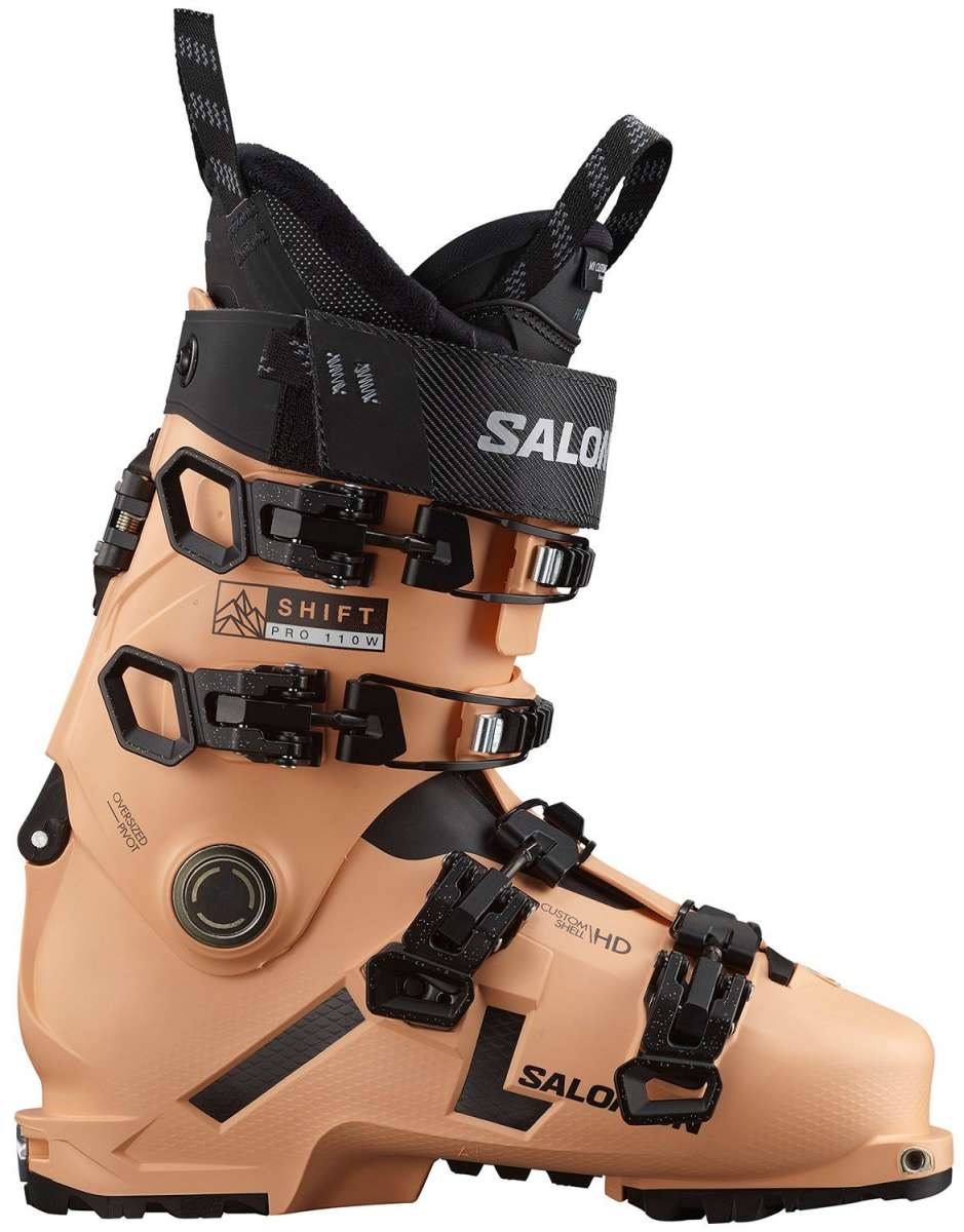 Salomon Ladies Shift Pro 110 AT Ski Boots 2024 - A tan ski boot with black buckles and straps, featuring a textured pattern on the side.