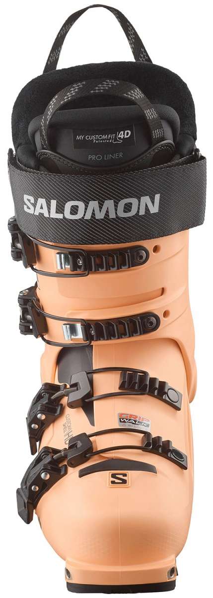 Salomon Ladies Shift Pro 110 AT Ski Boots 2024 - Black ski boots with white accents and silver buckles.