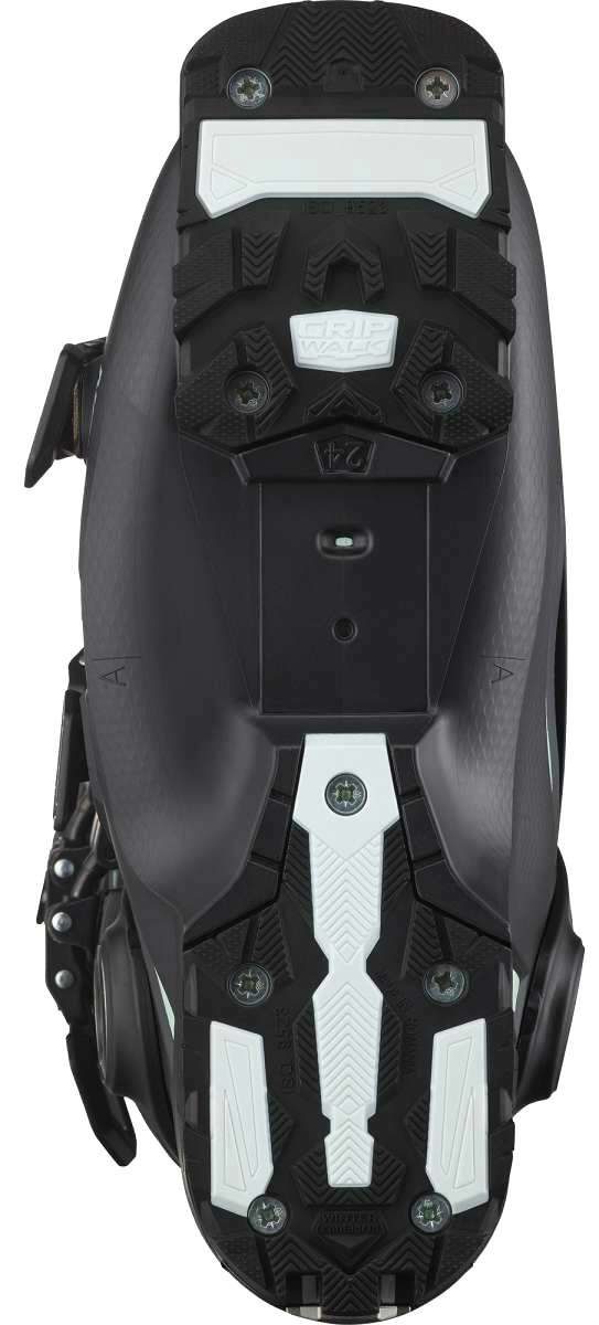 Salomon Ladies Shift Pro 90 Ski Boot 2024 - Black ski boot with white accents and silver buckles.