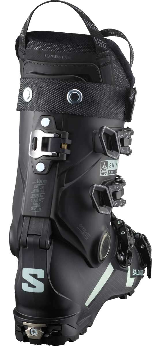 Salomon Ladies Shift Pro 90 Ski Boot 2024 - Black ski boot with white lettering and a textured strap on top.