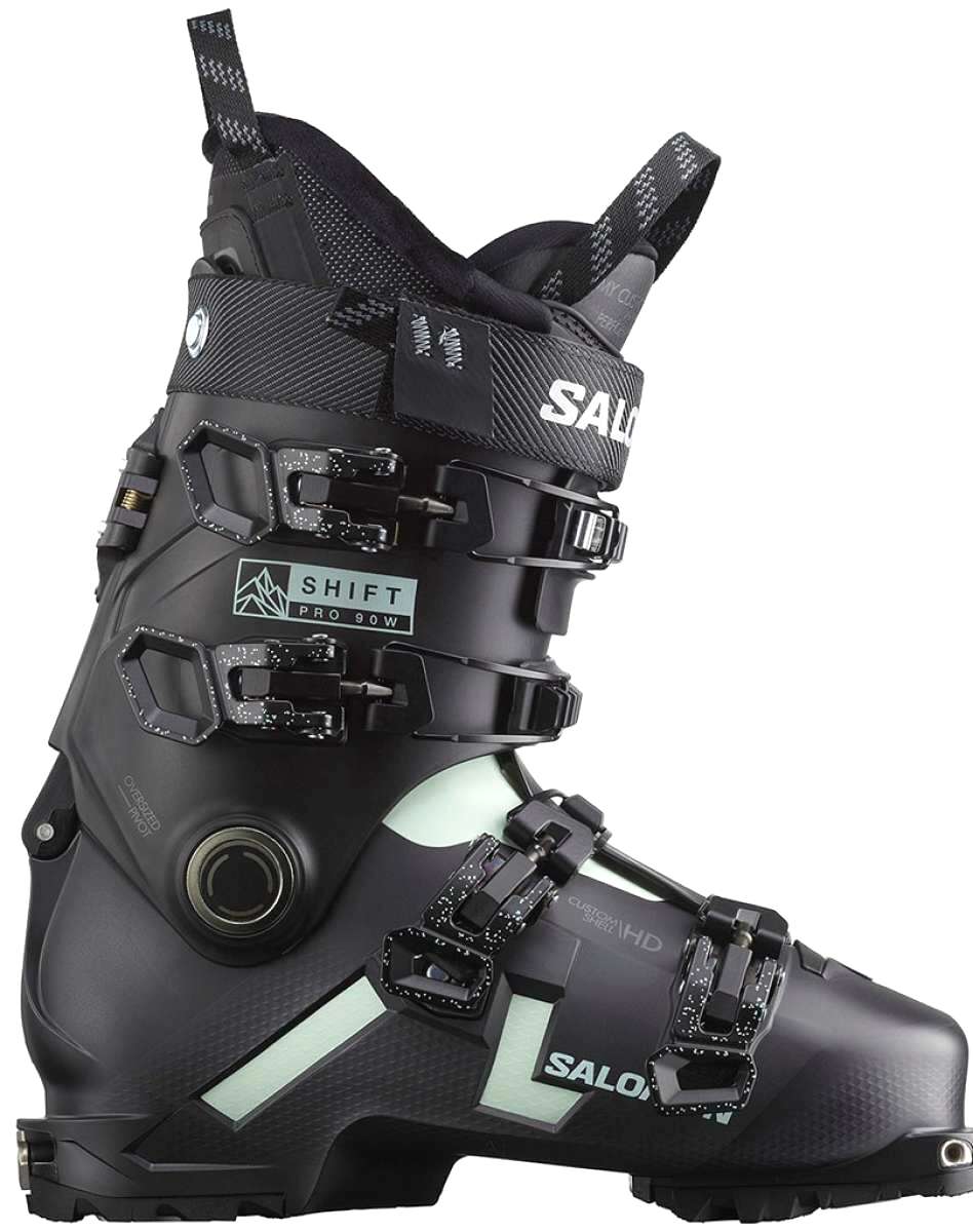 Salomon Ladies Shift Pro 90 Ski Boot 2024 - Black ski boot with white logo on top and silver buckles.