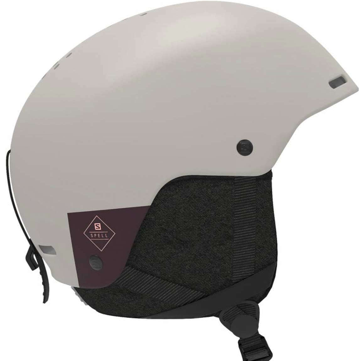Salomon Women's Spell Helmet 2023 - A white helmet with a black chin strap and ventilation holes on top.