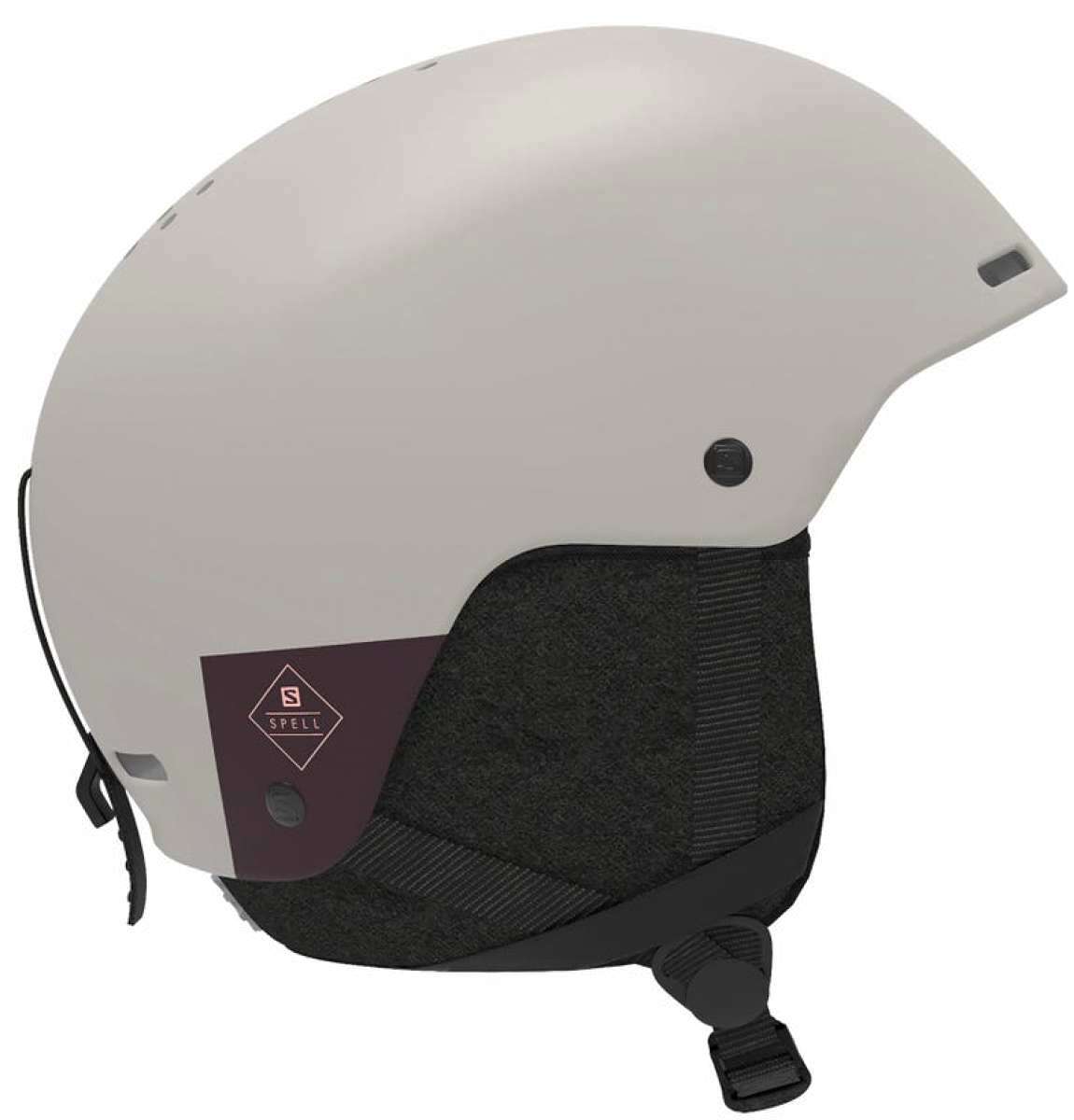 Salomon Women's Spell Helmet 2023 - A white helmet with a black chin strap and ventilation holes on top.