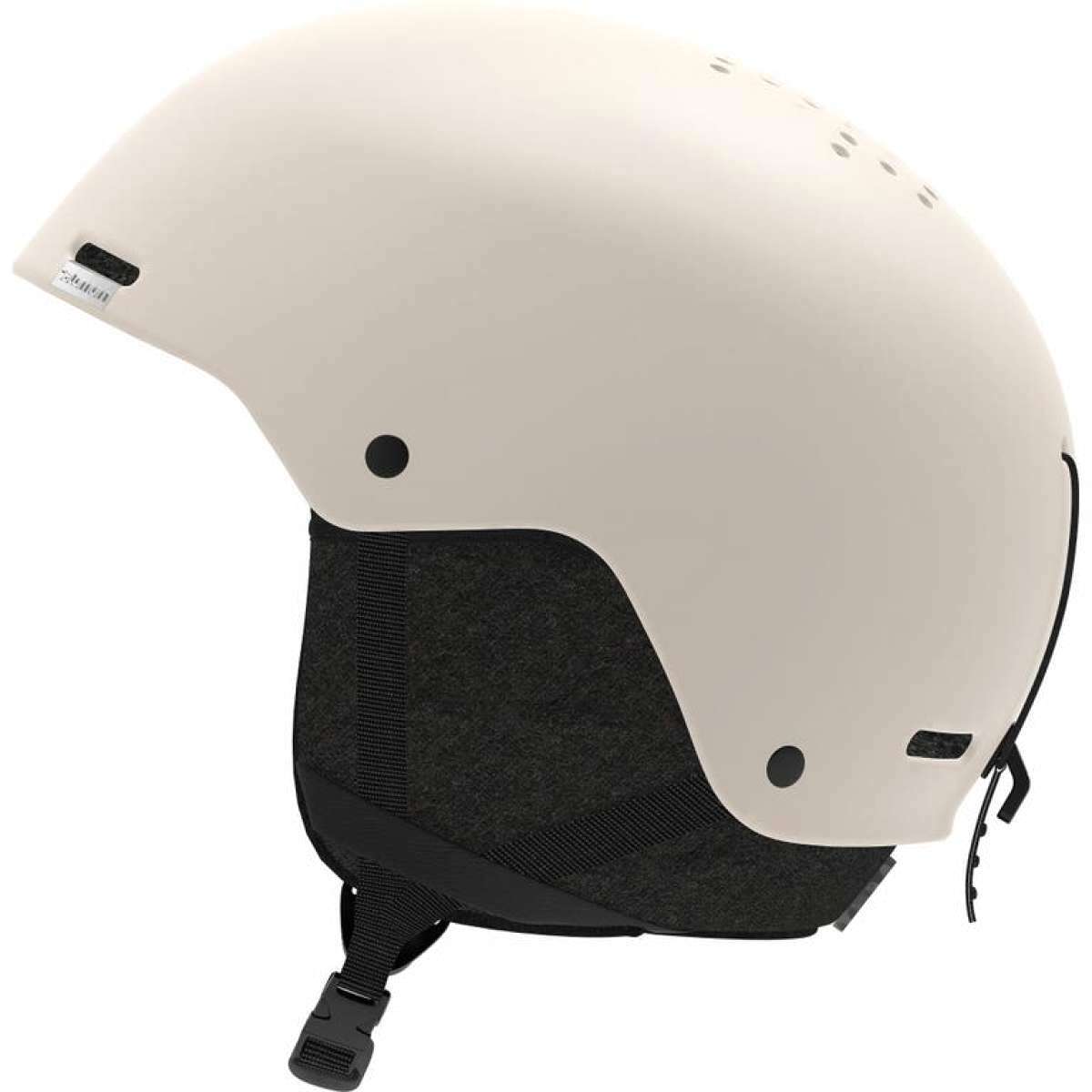 Salomon Women's Spell Helmet 2023 - A white helmet with a black chin strap and ventilation holes on top.