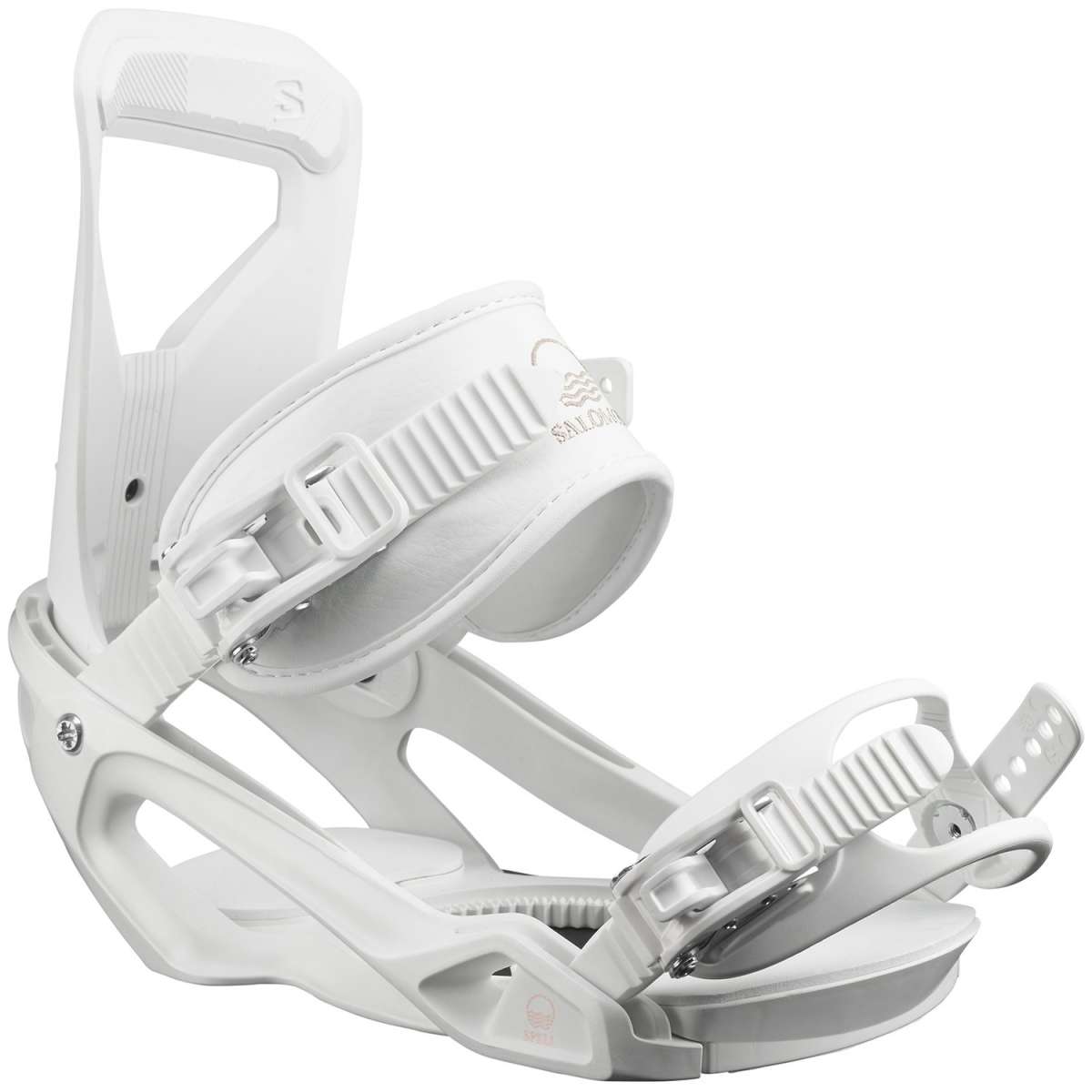 Salomon Women's Spell Snowboard Bindings 2024 - White bindings with silver buckles and straps.