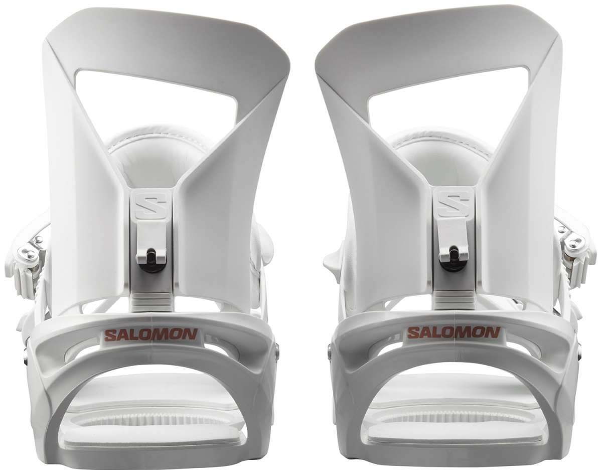 Salomon Women's Spell Snowboard Bindings 2024 - White bindings with a sleek, modern design and silver hardware.