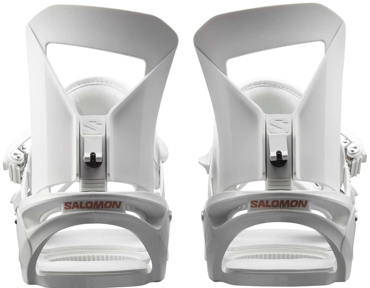 Salomon Women's Spell Snowboard Bindings 2024 - White bindings with a sleek, modern design and silver hardware.