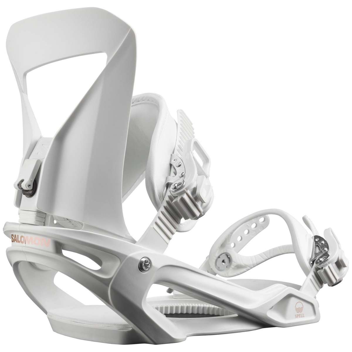 Salomon Women's Spell Snowboard Bindings 2024 - A pair of white snowboard bindings with a sleek, modern design and silver buckles.