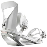 Salomon Women's Spell Snowboard Bindings 2024 - A pair of white snowboard bindings with a sleek, modern design and silver buckles.
