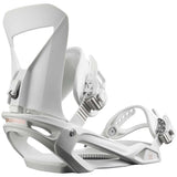 Salomon Women's Spell Snowboard Bindings 2024 - A pair of white snowboard bindings with a sleek, modern design and silver buckles.