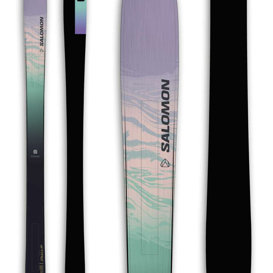 Salomon Women's Stance 84 Skis 2024 - A pair of skis with a light purple top and a greenish-blue patterned bottom.