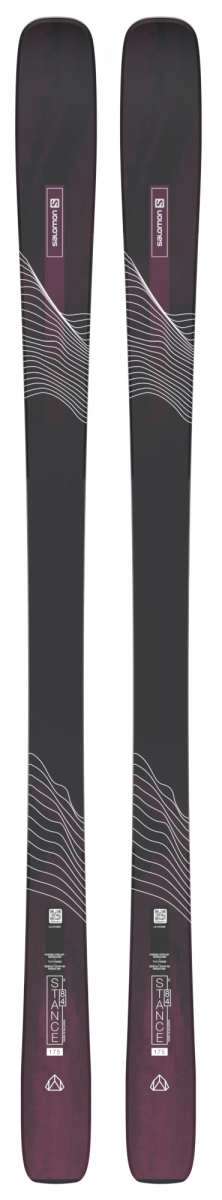 Salomon Women's Stance 84 Flat Ski 2023 - A black ski with a white logo and text on top, featuring a wavy line design in light pink.