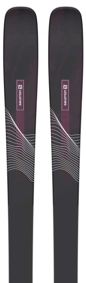 Salomon Women's Stance 84 Flat Ski 2023 - A black ski with a white logo and text on top, featuring a wavy line design at the bottom.