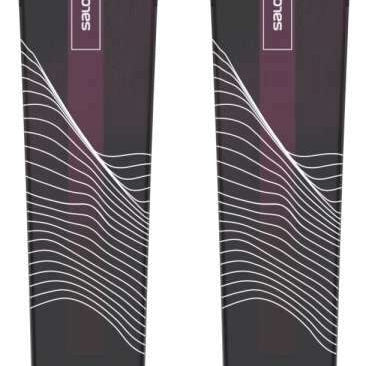 Salomon Women's Stance 84 Flat Ski 2023 - A black ski with a white logo and text on top, featuring a wavy line design at the bottom.
