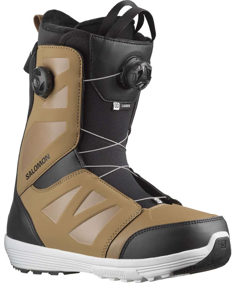 Salomon Launch BOA SJ Snowboard Boots 2024 - Black boots with tan accents and a white sole.