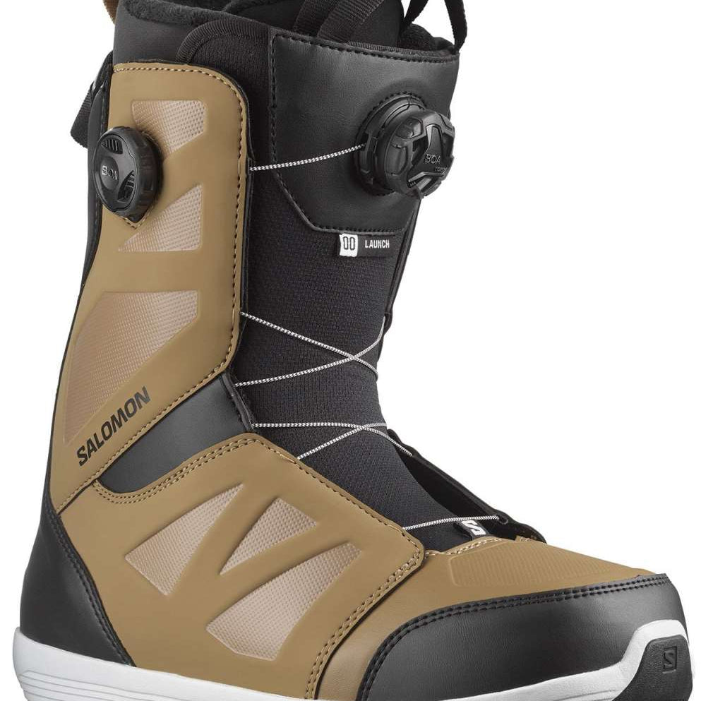 Salomon Launch BOA SJ Snowboard Boots 2024 - Black boots with tan accents and a white sole.