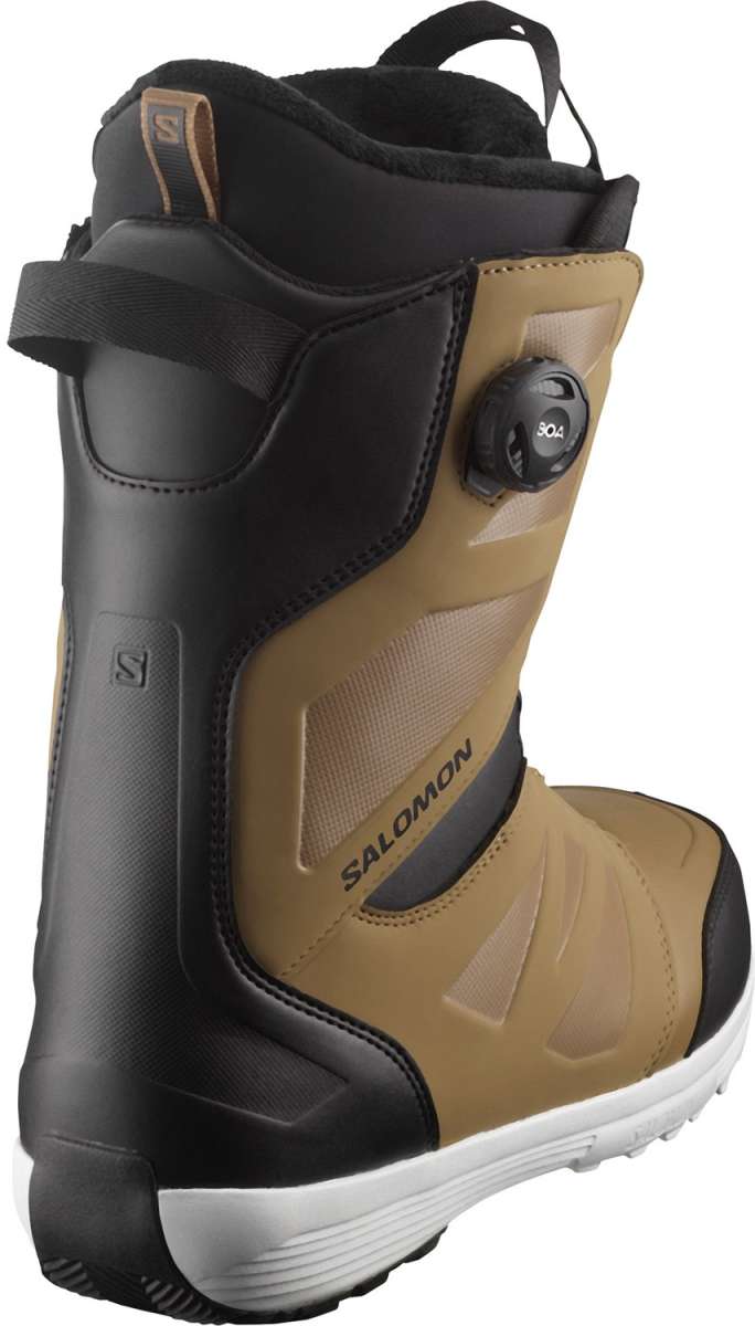 Salomon Launch BOA SJ Snowboard Boots 2024 - Black boots with tan accents and a black strap on top.