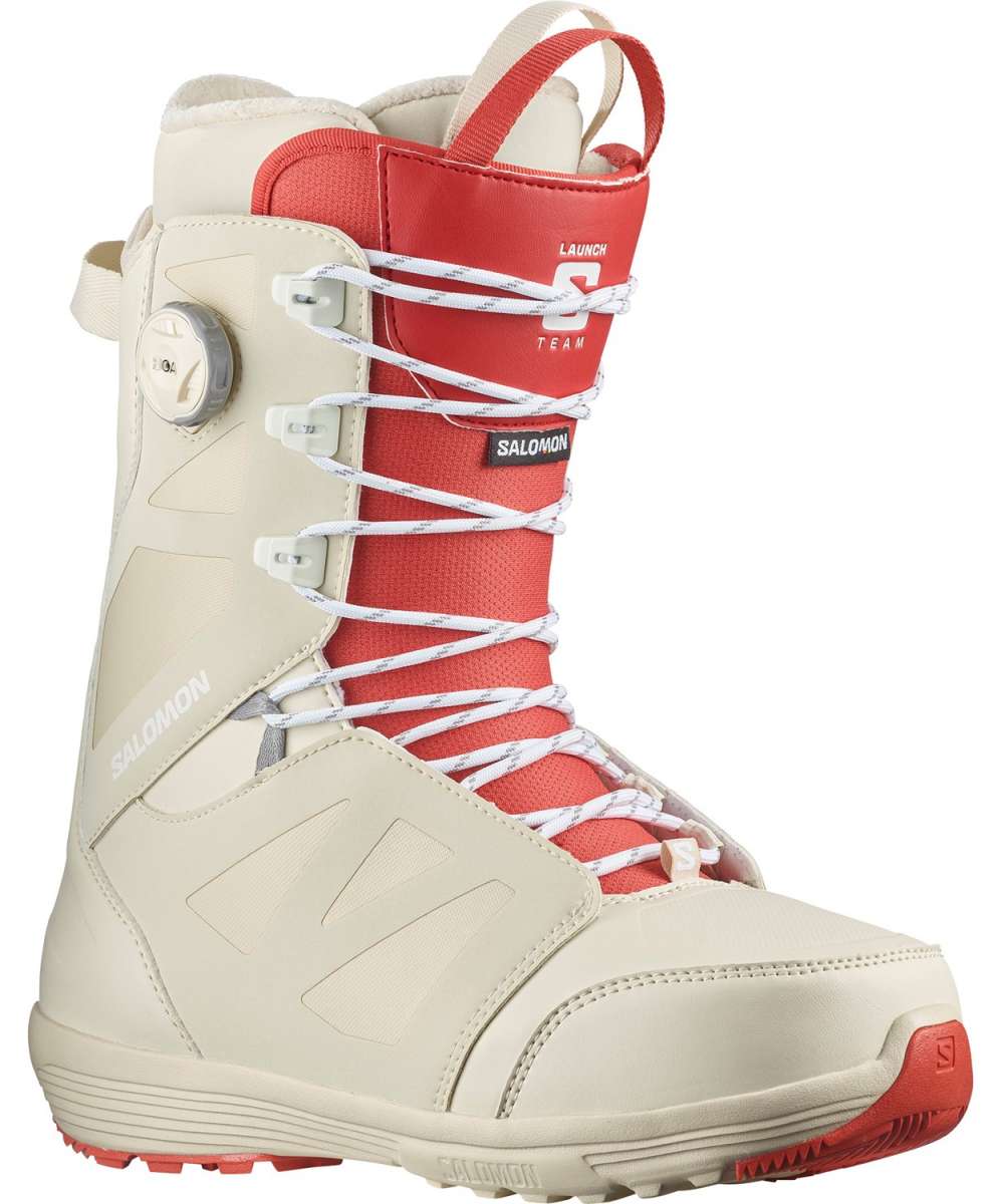 Salomon Launch Lace SJ BOA Snowboard Boots 2024 - White snowboard boots with a red tongue and laces.