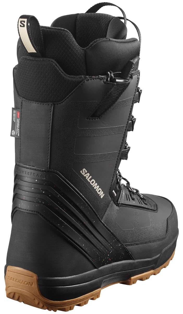 Salomon Malamute Lace Snowboard Boot 2022-2023 - Black snowboard boots with a textured pattern on the side and brown laces.