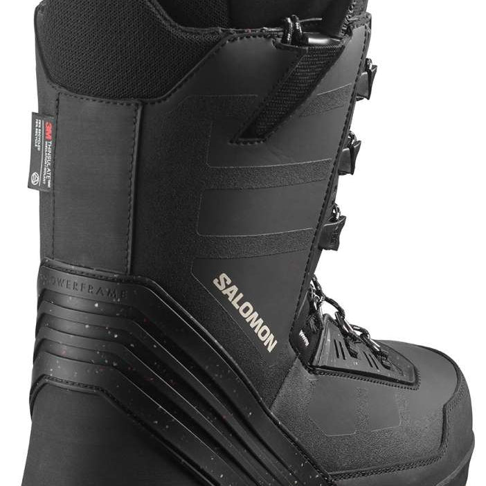 Salomon Malamute Lace Snowboard Boot 2022-2023 - Black snowboard boots with a textured pattern on the side and brown laces.