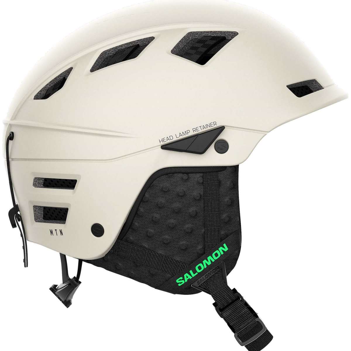 Salomon MTN Lab Helmet 2024 - A white helmet with a black visor and chin strap, featuring ventilation holes on top and side vents.