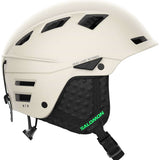 Salomon MTN Lab Helmet 2024 - A white helmet with a black visor and chin strap, featuring ventilation holes on top and side vents.