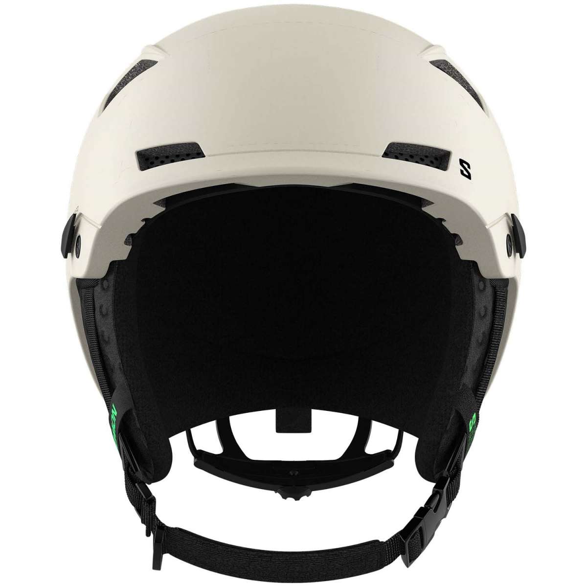 Salomon MTN Lab Helmet 2024 - A white helmet with a black visor and chin strap, featuring ventilation holes on top and side vents.