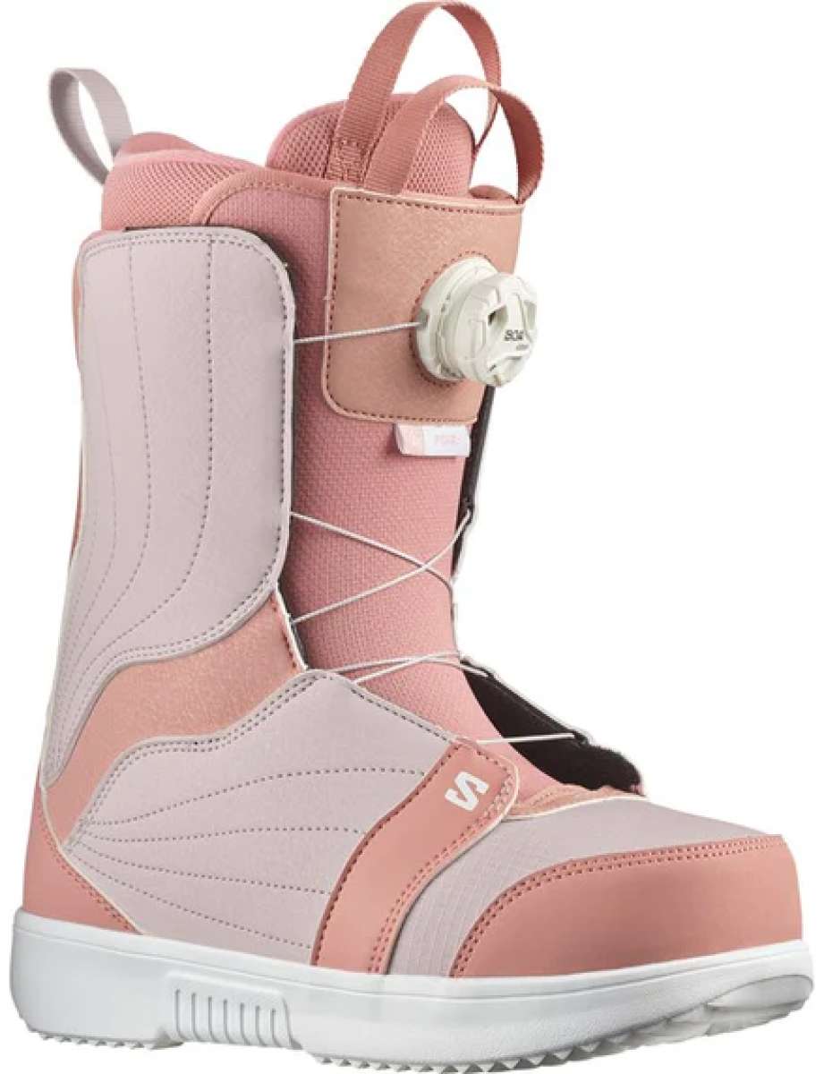 Salomon Women's Pearl BOA Snowboard Boots - A pair of pink snowboard boots with a white logo on the side and a white strap that goes around the ankle.