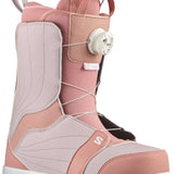 Salomon Women's Pearl BOA Snowboard Boots - A pair of pink snowboard boots with a white logo on the side and a white strap that goes around the ankle.