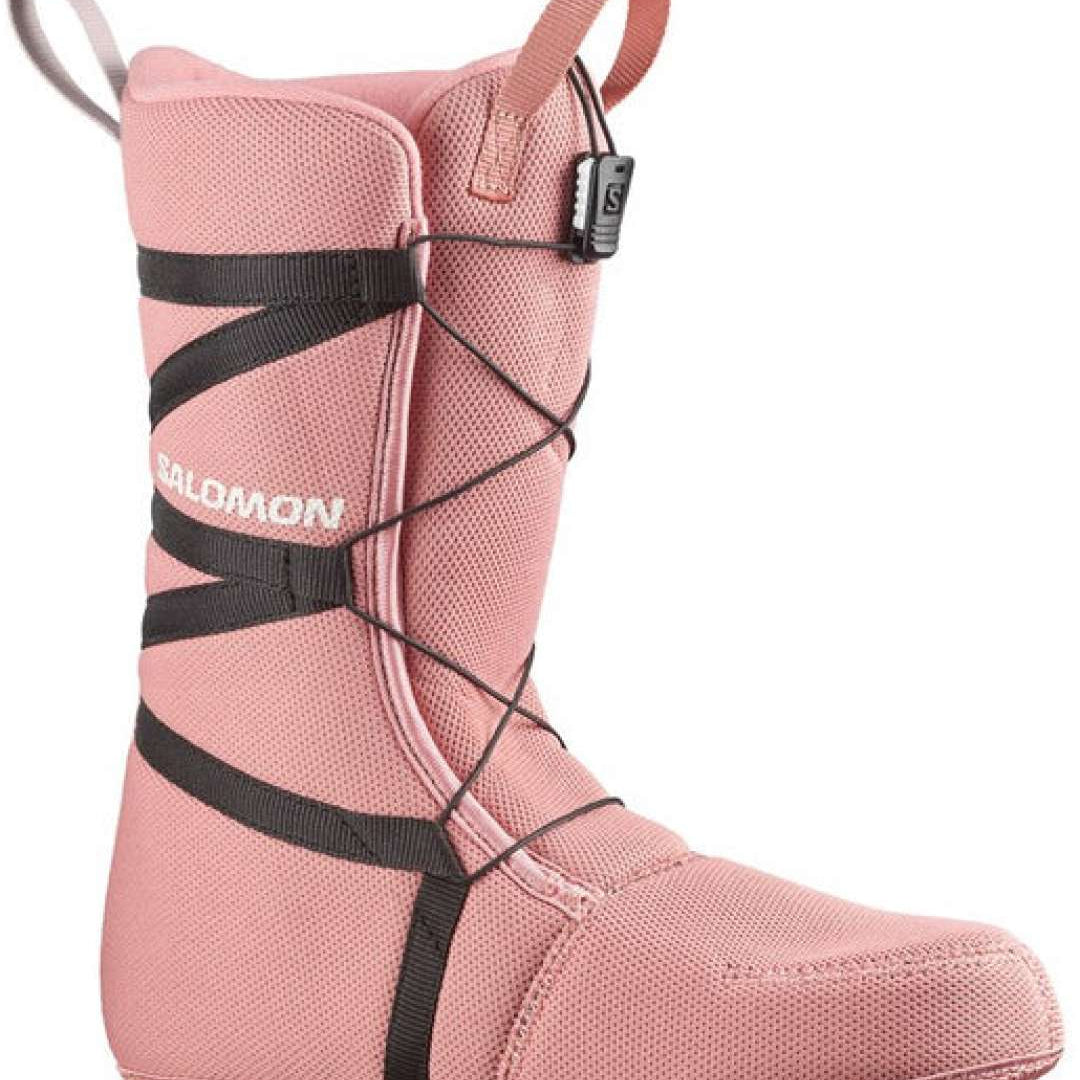 Salomon Women's Pearl BOA Snowboard Boots 2024 - A pair of pink snowboard boots with a textured pattern on the upper material and black laces.