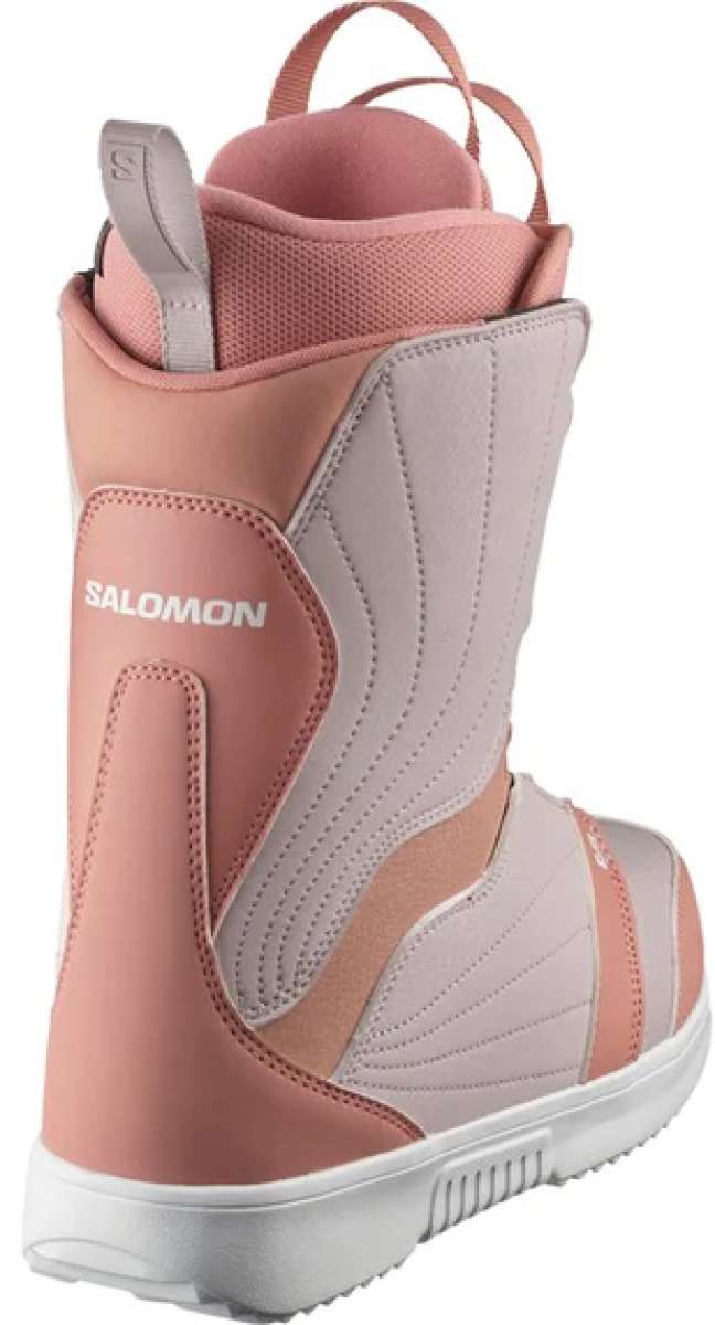 Salomon Women's Pearl BOA Snowboard Boots 2024 - A pair of pink snowboard boots with a textured pattern on the side and a white sole.