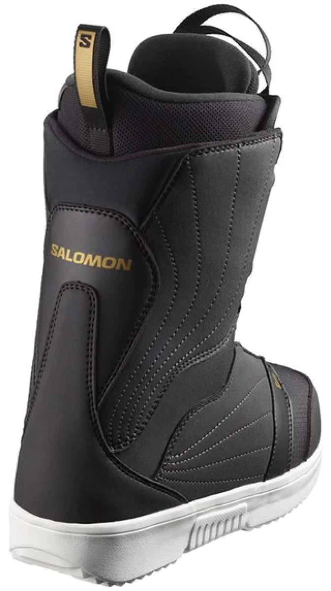 Salomon Women's Pearl BOA Snowboard Boots 2024 - Black snowboard boots with gold accents and a white sole.