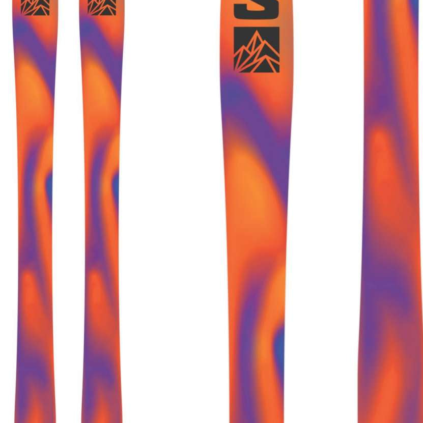 Salomon QST 98 Skis 2024 - A pair of skis with a black and white logo on top, featuring a wavy pattern in shades of gray and blue.