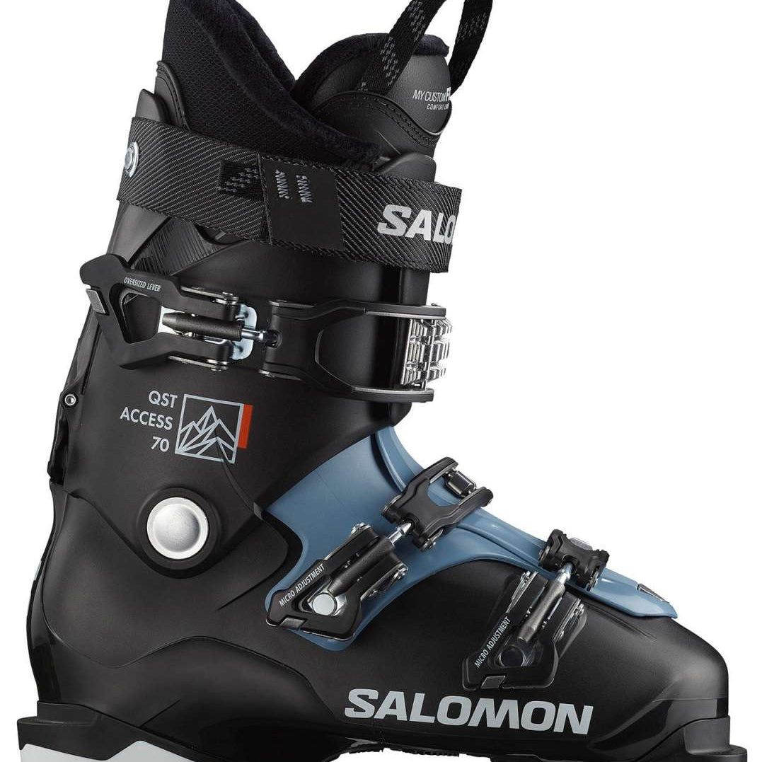 Salomon QST Access 70 Ski Boots 2024 - Black ski boots with silver buckles and a white logo on the side.