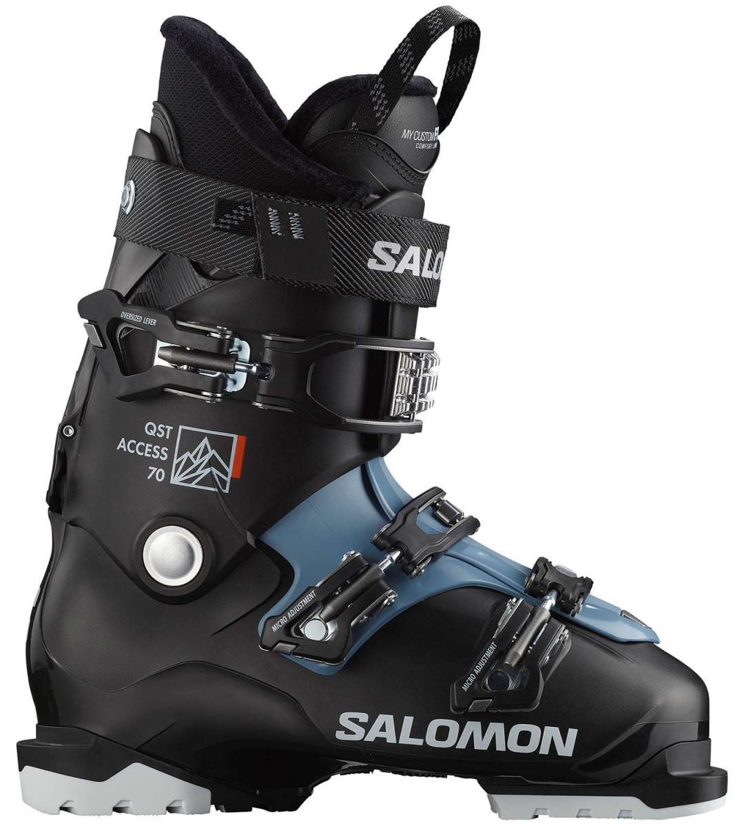 Salomon QST Access 70 Ski Boots 2024 - Black ski boots with silver buckles and a white logo on the side.