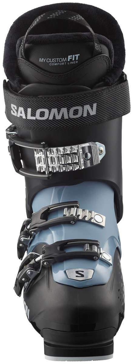 Salomon QST Access 70 Ski Boots 2024 - Black ski boots with silver buckles and a textured pattern on the side.