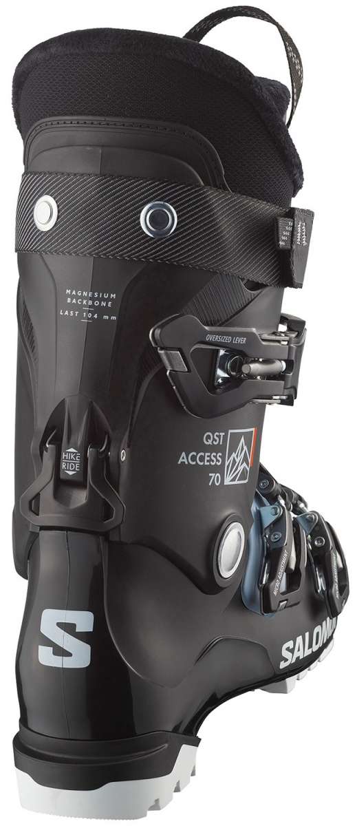 Salomon QST Access 70 Ski Boots 2024 - Black ski boots with white lettering and logos on a light gray background.