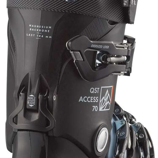 Salomon QST Access 70 Ski Boots 2024 - Black ski boots with white lettering and logos on a light gray background.