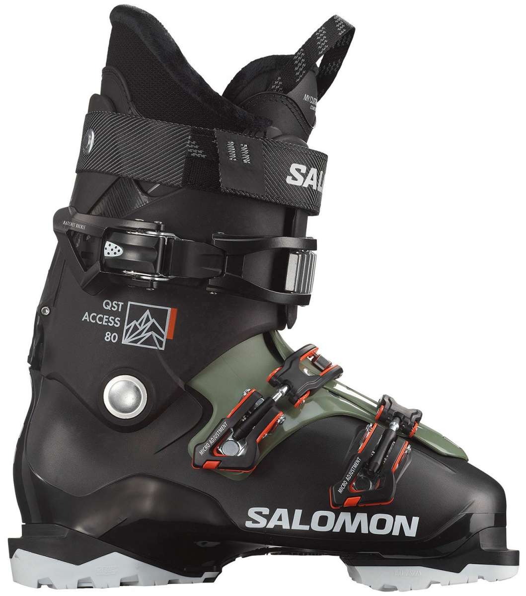 Salomon QST Access 80 Ski Boots 2024 - Black ski boots with silver buckles and a white logo on the side.