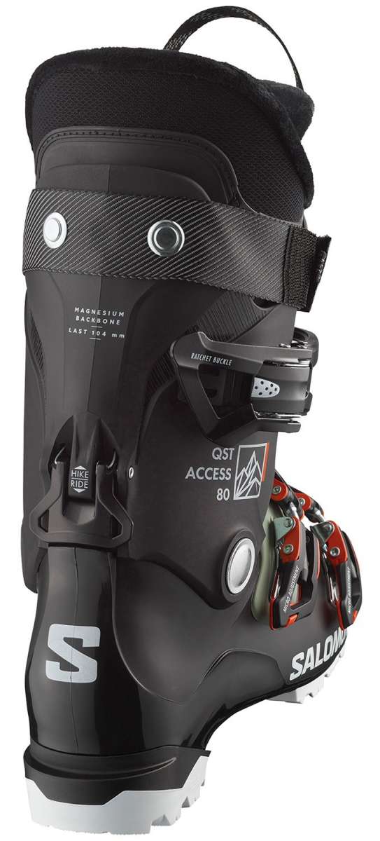 Salomon QST Access 80 Ski Boots 2024 - Black ski boots with white lettering and a textured, rubberized toe cap.