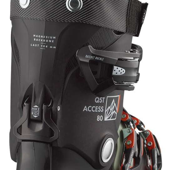 Salomon QST Access 80 Ski Boots 2024 - Black ski boots with white lettering and a textured, rubberized toe cap.