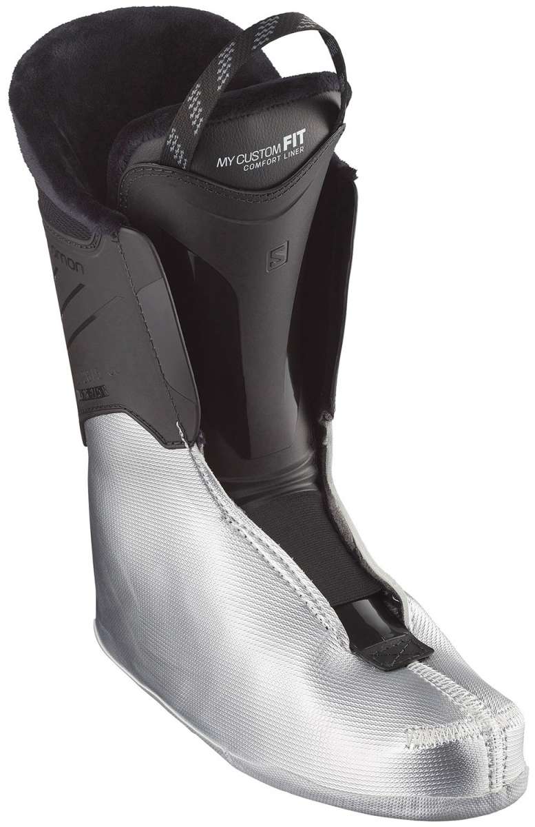 Salomon QST Access 80 Ski Boots 2024 - Black ski boots with a textured pattern on the side and a silver buckle.