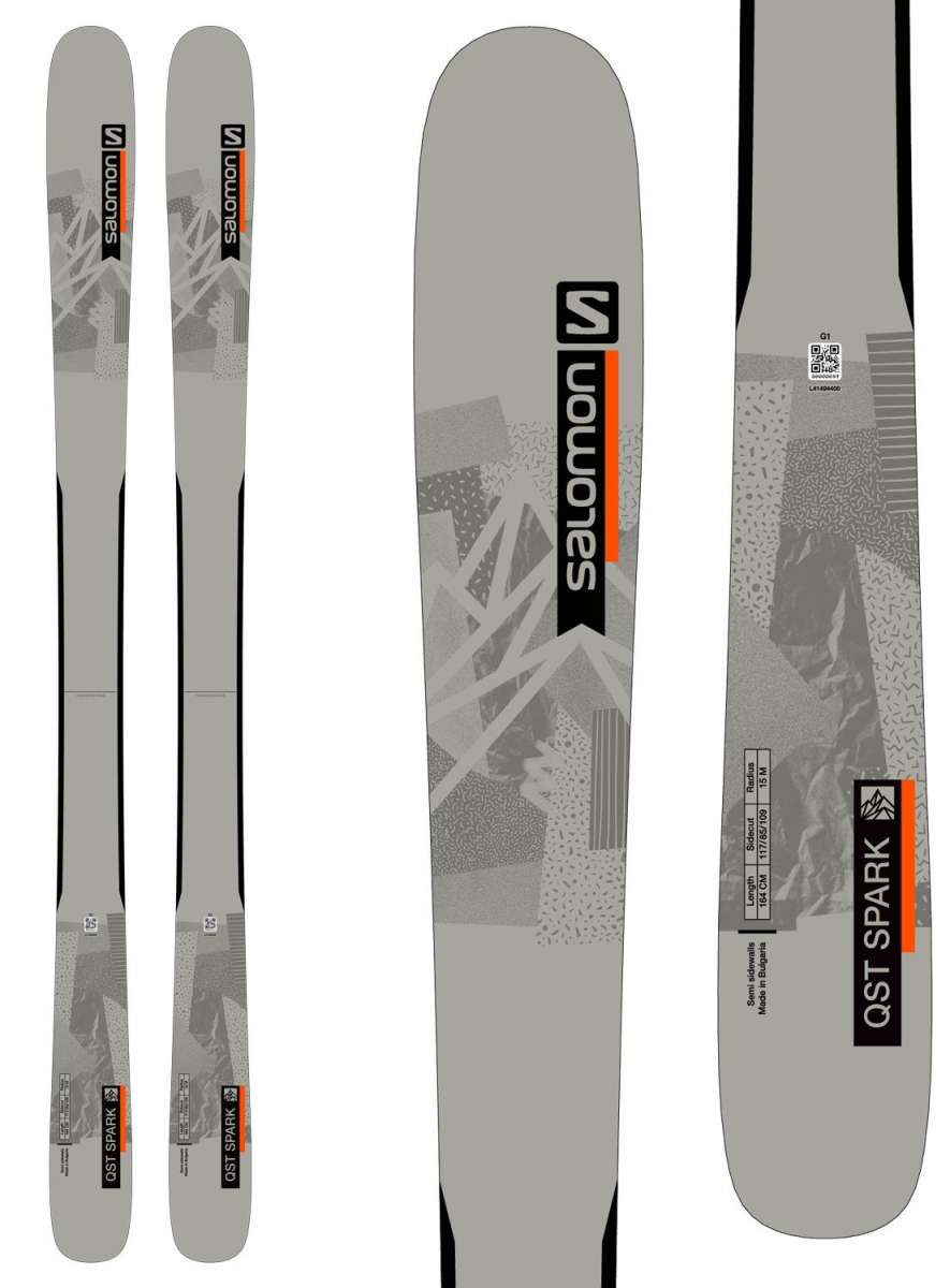 Salomon QST Spark 85 Flat Ski 2022 - A gray ski with a black and white geometric pattern on top, featuring a black Salomon logo at the tip.
