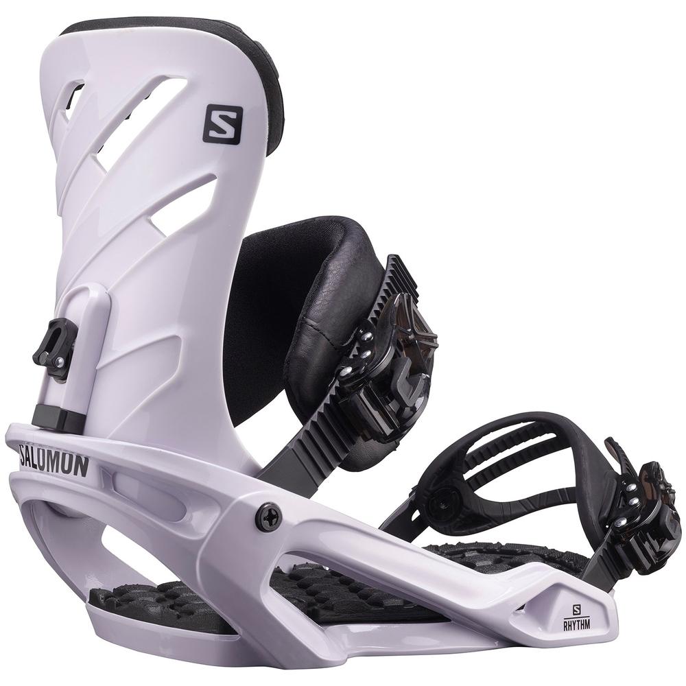Salomon Rhythm Snowboard Bindings 2022 - A pair of white snowboard bindings with black buckles and straps.