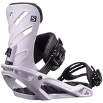 Salomon Rhythm Snowboard Bindings 2022 - A pair of white snowboard bindings with black buckles and straps.