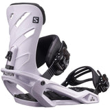 Salomon Rhythm Snowboard Bindings 2022 - A pair of white snowboard bindings with black buckles and straps.