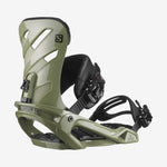 Salomon Rhythm Snowboard Bindings 2022 - A pair of olive green snowboard bindings with black buckles and straps.
