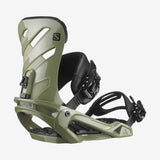 Salomon Rhythm Snowboard Bindings 2022 - A pair of olive green snowboard bindings with black buckles and straps.