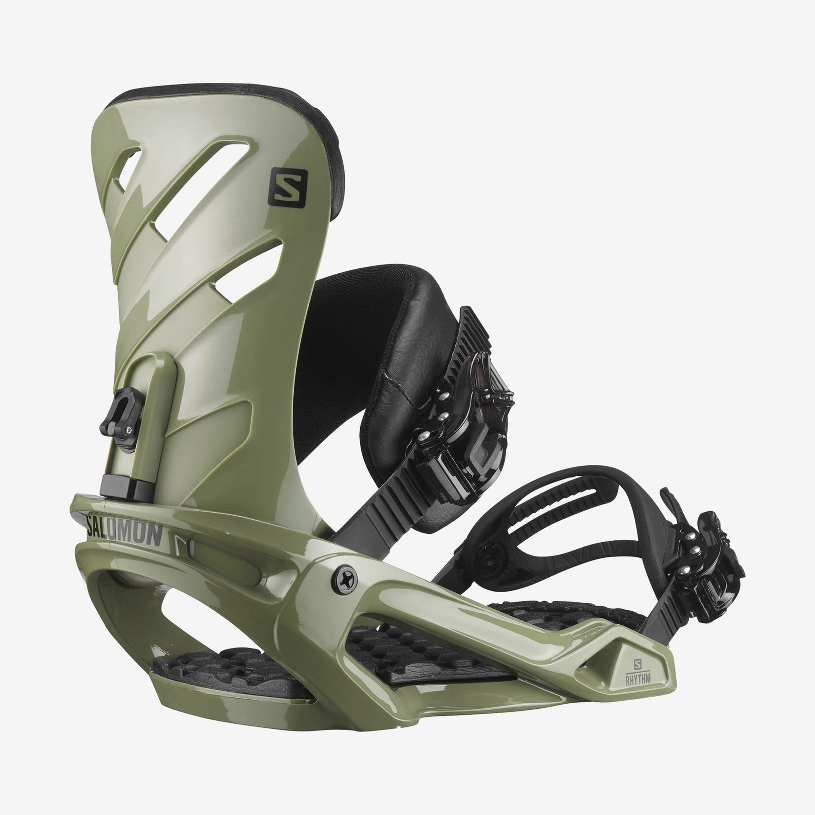 Salomon Rhythm Snowboard Bindings 2022 - A pair of olive green snowboard bindings with black buckles and straps.