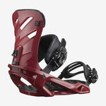 Salomon Rhythm Snowboard Bindings 2022 - A pair of red snowboard bindings with black buckles and straps.